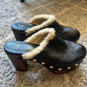 Giuseppe Zanotti Shearling Trim Wooden Clog Size 9
